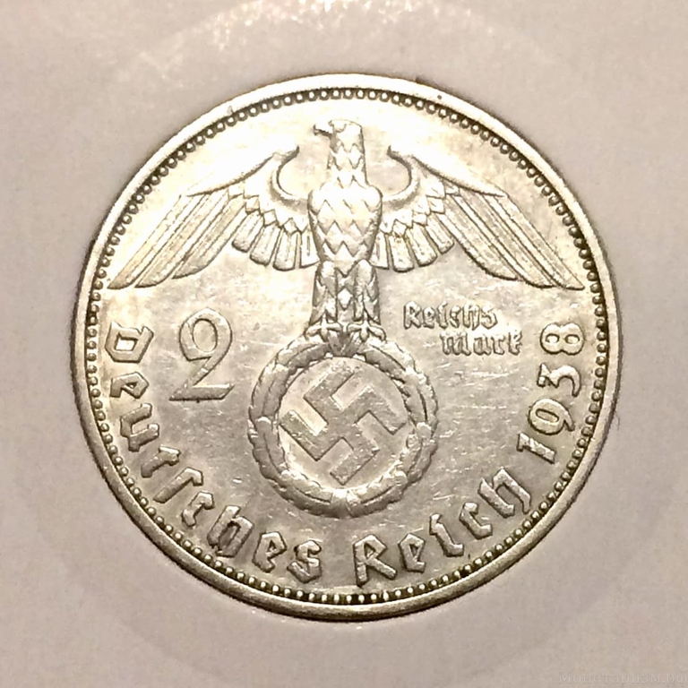 2 рейхсмарки 1938 год J «Пауль фон Гинденбург».Германия.3-ий Рейх.Серебро