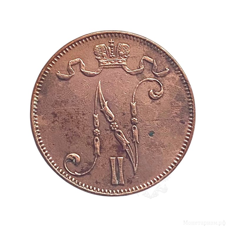 5 пенни 1916 год.Николай II.Русская Финляндия.Медь.3.