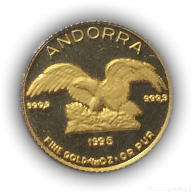 5 динер 1995 год.Орёл.Андорра.Золото 999 пробы.