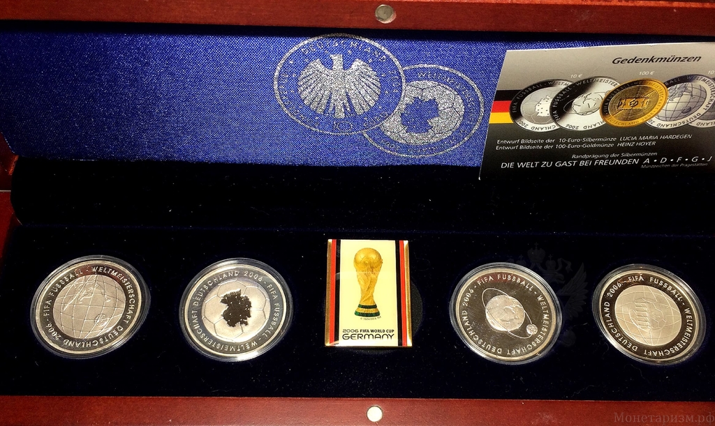 Набор монет 10 евро 2006 год  (4шт.+магнит)  Чемпионат FIFA по футболу в Германии.Серебро