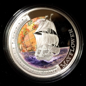 1 доллар 2012 год «Корабль Mayflower.Вокруг Света».Тувалу.Серебро,цветная.
