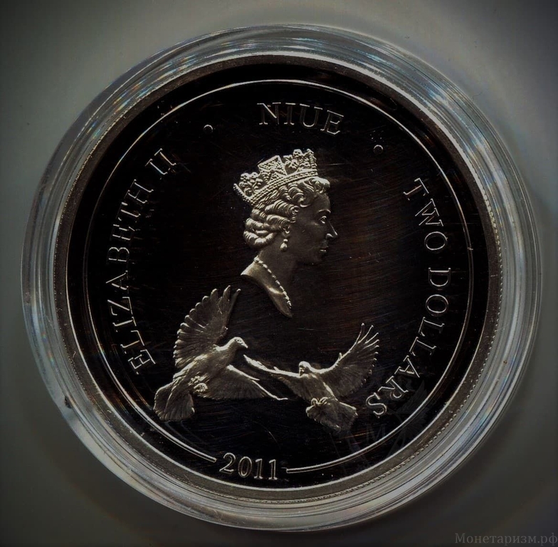 2 доллара 2011 год "Свадебная монета.Любовь и голуби".Серебро 1 Oz