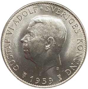 5 крон 1959 год.150 лет Конституции.Густав VI.Швеция.Серебро.