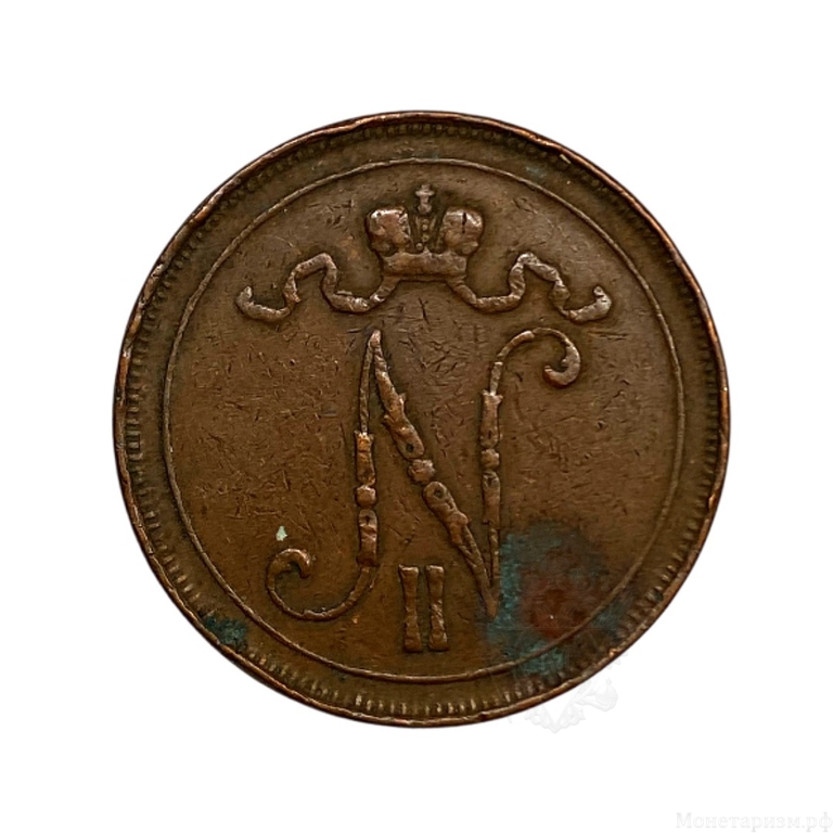 10 пенни 1909 год.Николай II.Русская Финляндия.Медь.
