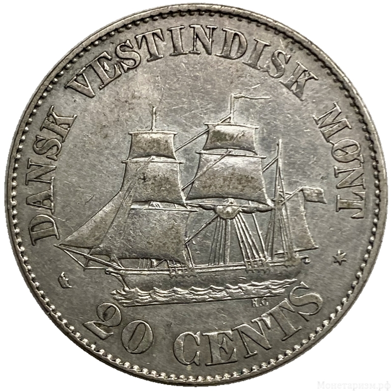 20 центов 1859 год.Фредерик VII.Датская Вест-Индия.Серебро.