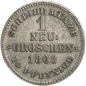 1 новый грош 1868 год.3-й король Иоганн.Саксония.Германия.Серебро