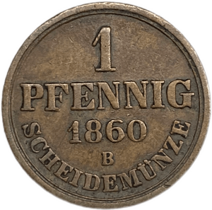 1 пфеннинг 1860 год B.Георг V.Ганновер.Германия.Медь.