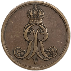 1 пфеннинг 1860 год B.Георг V.Ганновер.Германия.Медь.