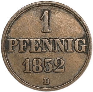 1 пфеннинг 1852 год B.Георг V.Ганновер.Германия.Медь.