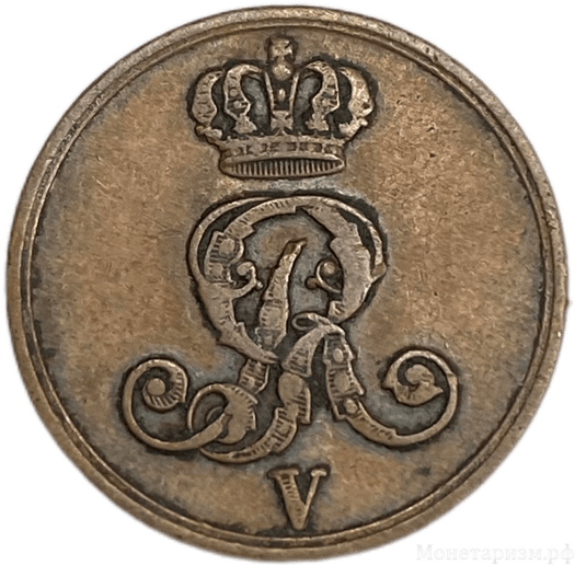 1 пфеннинг 1852 год B.Георг V.Ганновер.Германия.Медь.