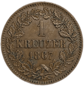 1 крейцер 1867 год.Герцог Фридрих I.Баден.Германия.Медь.