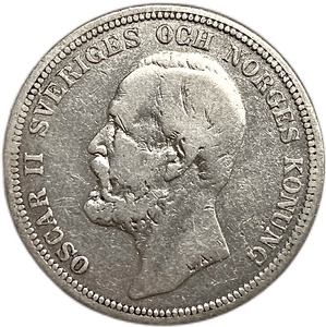 2 кроны 1900 год.Король Оскар II.Швеция.Серебро.