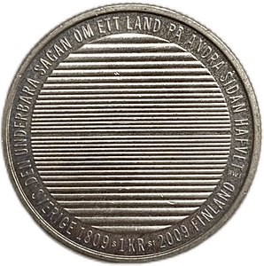 1 крона 2009 год.200 лет разделения Финляндии и Швеции.Карл XVI Густав.Швеция.