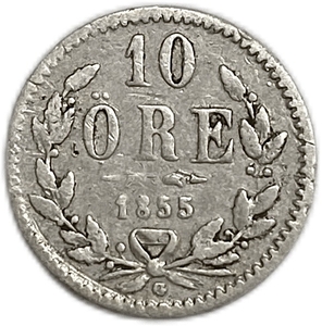 10 эре 1855 год.Оскар I.Швеция.Серебро.