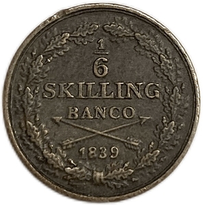 1/6 скиллинга (шиллинга) банко 1839 год.Медь.Швеция.