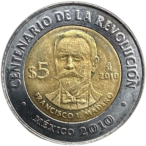 5 песо 2010 год.100 лет революции.200 лет независимости.Франсиско Игнасио Мадеро.Мексика.Биметалл.