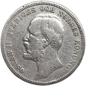 2 кроны 1893 год.Король Оскар II.Швеция.Серебро.