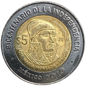 5 песо 2010 год.100 лет революции.200 лет независимости.Хосе Мария Морелос и Павон.Мексика.Биметалл.