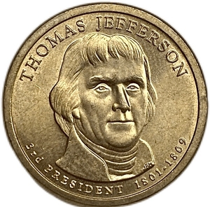 1 доллар 2007 год.3 президент Америки (1801-1809гг.).Томас Джефферсон.США. 