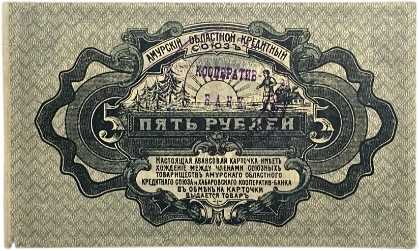 5 рублей 1919 год.Амурский областной кредитный союз.Хабаровский кооператив.С печатью.Бона.AU.