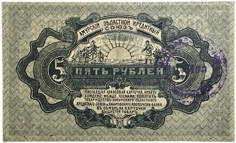 5 рублей 1919 год.Амурский областной кредитный союз.Хабаровский кооператив.С печатью.Бона.AU.