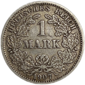 1 марка 1907 год J.Германия.Серебро. 