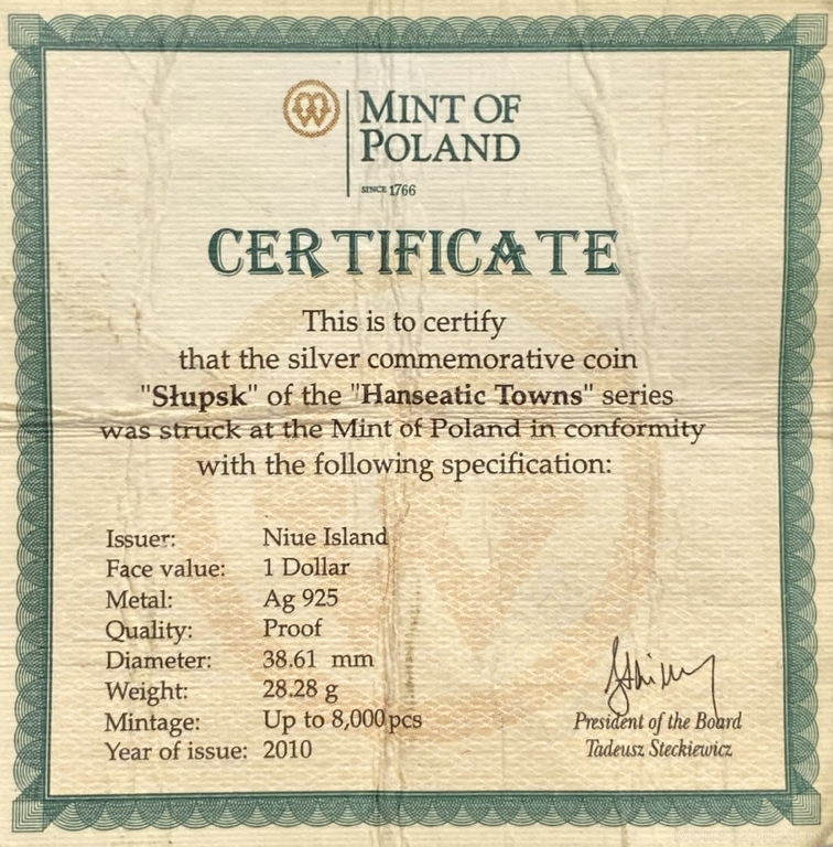 1 доллар 2010 год.Ганзейский союз.Слупск.Ниуэ.Серебро.