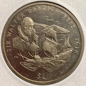1 доллар 2002 год.Сэр Уолтер Рэйли.Парусник.Виргинские острова.Великобритания.