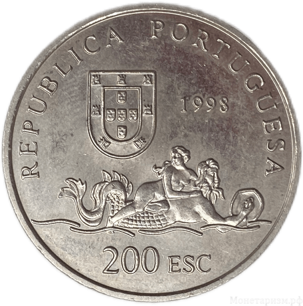 200 эскудо 1998 год.Открытие Мозамбика в 1498 году.Парусник.Португалия.