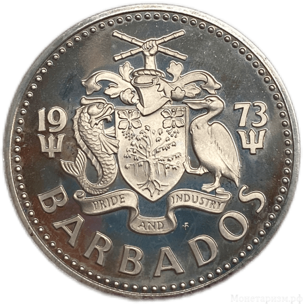 2 доллара 1973 год.Коралловый риф.Рыбы.Барбадос.Proof.