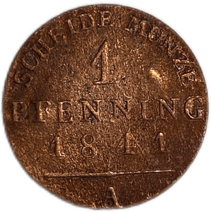 1 пфеннинг 1841 год.Пруссия.Германия.Медь.