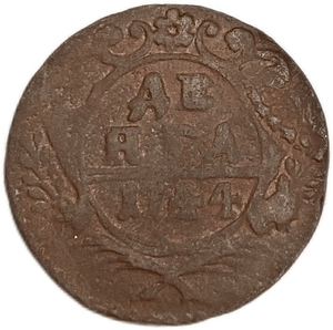 Деньга 1744 год.Елизавета I.Медь.