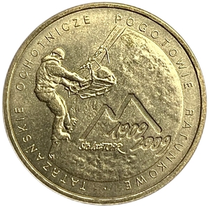 2 злотых 2009 год.100 лет поисково-спасательной волонтерской службе в Татрах.Польша. 