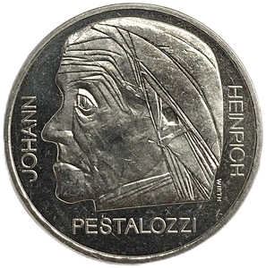 5 франков 1977 год.150 лет со дня смерти Генриха Песталоцци.Швейцария.Proof.