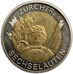 5 франков 2001 год.Снеговик.Биметалл.Швейцария.
