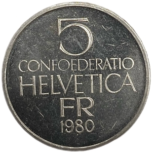 5 франков 1980 год.Фердинанд Ходлер.Швейцария.Proof.