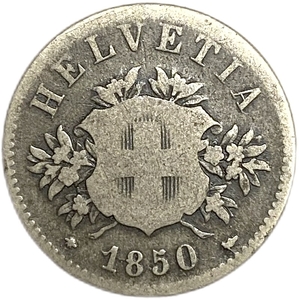 20 раппен 1850 год.Швейцария.Серебро.