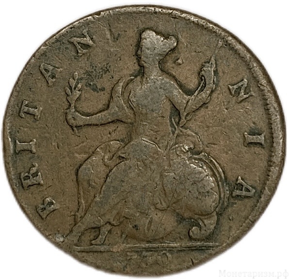 1 фартинг 1730 год.Георг II.Великобритания.Медь.
