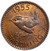 1 фартинг 1955 год.Елизавета II.Птица крапивник.Великобритания.Бронза.