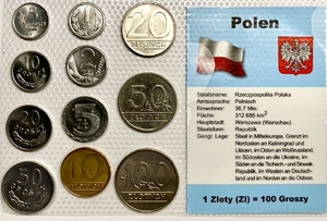 Набор из 11 монет 1971-1990 год в запайке с описанием страны.Польша.UNC.