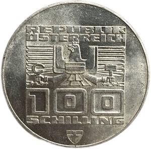 100 шиллингов 1975 год.XII Зимние Олимпийские Игры в г.Инсбрук.Австрия.Серебро. 