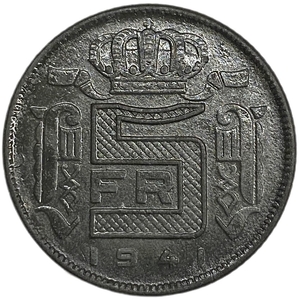 5 франков 1941 год.Леопольд III.Бельгия. 