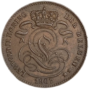 1 сантим 1907 год.Леопольд II.Бельгия.Медь.  
