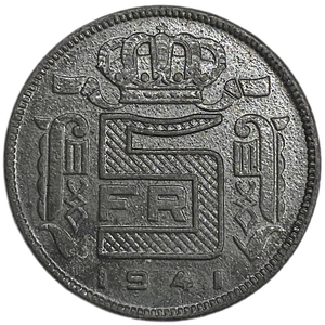 5 франков 1941 год.Леопольд III.Бельгия.  