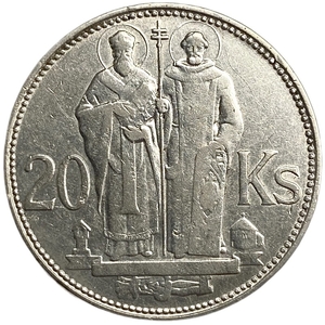20 крон 1941 год.Кирилл и Мефодий.Оккупация Германией.Словакия.Серебро.