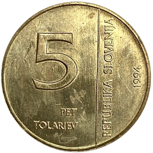5 толаров 1994 год.50 лет образования банка страны.Словения.