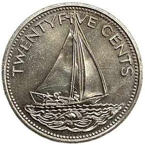25 центов 2005 год.Парусник.Елизавета II.Багамские Острова. 